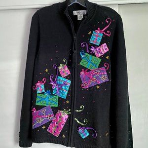 Vintage KIKIT Multicolor Full Zip Holiday Cardigan Sweater Jacket  Black S